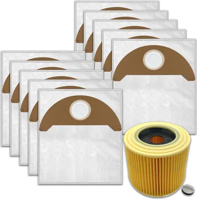 A collection of vacuum cleaner bags and a filter.