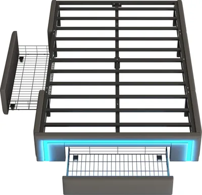 A bed frame with LED lighting and pull-out drawers.