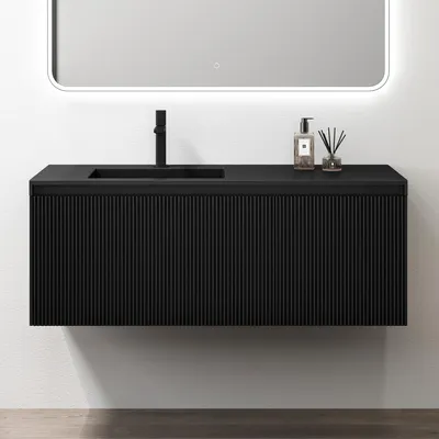 Image de doporro Meuble de Salle de Bains Suspendu 120x50x46 cm avec Lavabo Ensemble de 2 Pièces Vasque et Meuble sous Vasque Noir Mat Design Santa