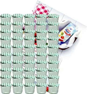 A set of small glass jars with green and white checkered lids, arranged in rows. A small packet with product information is visible.