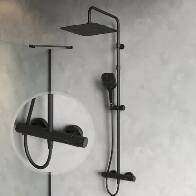 Productafbeelding van Douchesysteem met thermostaat, doucheset met regendouche (30 cm) en handdouche, verstelbare douchekolom (103–146 cm), zwart, anti-kalk, AM.PM F078X422