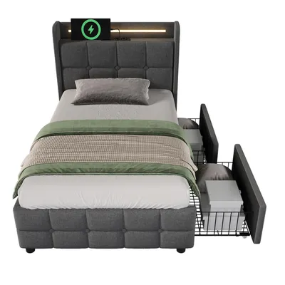 Produktbild von Flieks Polsterbett 90x200cm mit USB und Steckdosen, Jugendbett Einzelbett mit 2 Schubladen, Stauraumbett Massivholzbett mit LED und Lattenrost, Leinen, Grau
