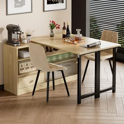 Produktbild von Ausziehbarer Klapp-Esstisch mit Stauraum – moderner, beweglicher Esstisch, 360° drehbar, Kücheninsel-Tisch & Bar-Tisch mit Schrank, Natur+Schwarz