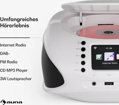 Produktbild von Auna Roadie Smart CD-Player Bluetooth – Tragbare Boombox Mit Dab+/Fm/Internet-Radio, CD/Mp3-Player, 2,4" Tft-Display, Batteriebetrieb, 3 W Lautsprecher, Aux/Usb, Weiß