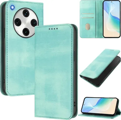 Obrázek produktu pro Pouzdro pro Oppo Find X8 Pro, vintage kožené pouzdro s RFID ochranou, přihrádkami na karty, stojánkem Tyrkysový