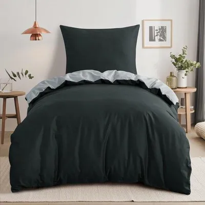 Produktbild von Unyqoos® Baumwoll-Bettbezug-Set 155 x 220 cm mit Kissenbezug 80 x 80 cm – 100% Baumwolle, wendbar, mit Reißverschluss & Eckbändern, grau,