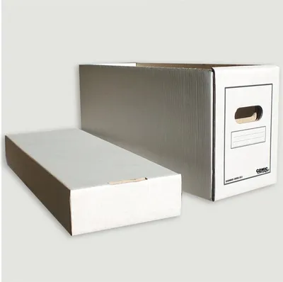Two cardboard boxes, one closed and one open, are displayed on a light gray background.