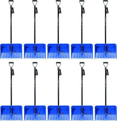 A grid of 10 blue snow shovels arranged in two rows of five.