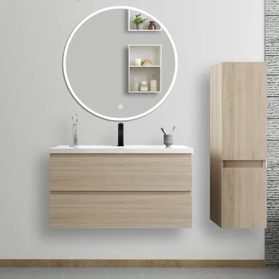 Image de Ensemble de meubles de salle de bain, 99*46*52cm, meuble avec vasque + miroir LED rond + meuble colonne 110cm, Chêne