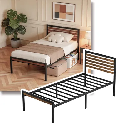 Image de Lit en métal UISEBRT avec finition bois, 90 x 200 cm, avec tête et pied de lit, stable et élégant