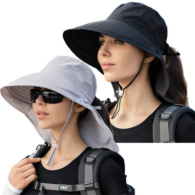 Produktbild von 2 Stück Sonnenhut Damen mit Nackenschutz-UV Schutz Breite Krempe Pferdeschwanz Sommerhut  Einstellbare Strand Fischerhut Anglerhut(Schwarz+hellgrau)