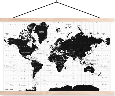Produktbild von MuchoWow® Textilposter Weltkarte - Schwarz - Weiß - Atlas - Erde - Bildung 60x40 cm mit holzfarbenen Rahmen - Bilder