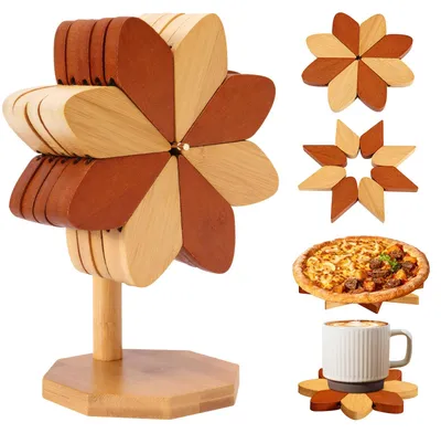 5 Bambus-Topfuntersetzer, Windmühlenform, hitzebeständig, Ø 15,5–19 cm