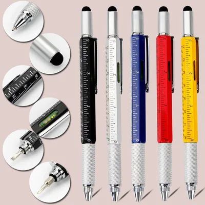 Produktbild von 6-in-1-Multitool-Stiftset: Metallschraubendreher, Kugelschreiber mit Lineal, Stift, Wasserwaage, Schlitzschraubendreher, Kreuzschlitzschraubendreher, kapazitiver Stift – das perfekte Geschenk für Familie und Freunde.