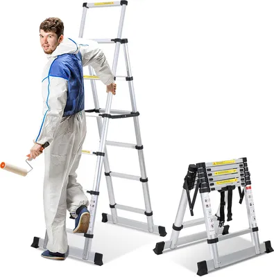Produktbild von Jopassy Teleskopleiter Ausziehleiter Klappleiter Stabil Aluminium Stehleiter bis 150kg 1.7m+2.0m Mit Waagebalken