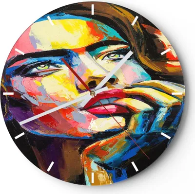 Produktbild von Wanduhr - Rund - Glasuhr - Mädchen Gesicht - 30x30cm - Schleichendes Uhrwerk - Lautlos - zum Aufhängen bereit - Dekoration Modern - Wanddekoration aus Glas - C3AR30x30-3456