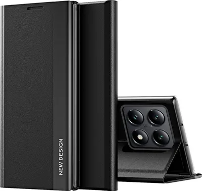 A black flip case for a smartphone is shown, with the phone partially inserted and its camera module visible.