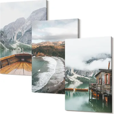 Obrázok produktu pre Fotoplátno – Foto Na Plátno – Obraz Na Plátne – Viacdielne Obrazy – Nástenné Umenie – Tlač Fotografii – Rám Z Dreva – Matné Plátno – Set 3 Kusy – 40x60 Cm – Výhľad na hory nad jazerom s loďou a plážovou krajinou