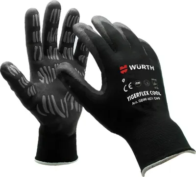A pair of black work gloves with gray grip patterns on the palm side, displayed against a white background.