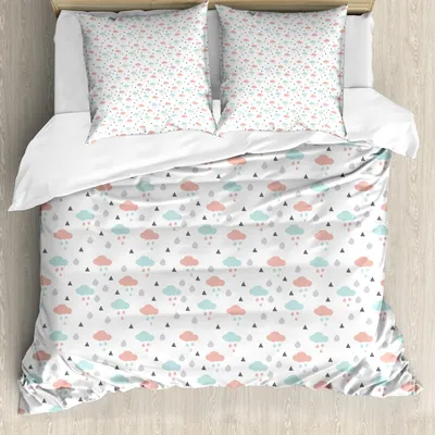 Obrázek produktu pro ABAKUHAUS Pastelová sada povlečení, skandinávský design mraky s kapkami deště a trojúhelníky Počasí v zimě, 200 x 200 cm + 80 x 80 cm, baby blue blush grey