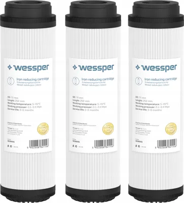 Three identical water filter cartridges are displayed side-by-side against a white background.
