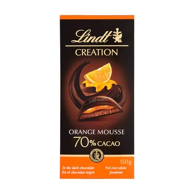 Obrázek produktu pro Lindt Creation Hořká čokoláda se šlehanou hořko-čokoládovou a pomerančovou náplní 70% 150g