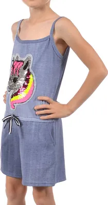 Produktbild von KMISSO Mädchen Jumpsuit kurz Wendepailletten Einhorn Jeansblau 104