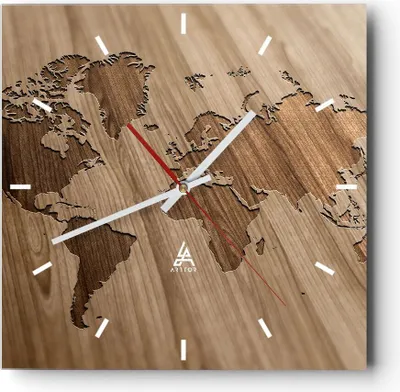 Produktbild von Wanduhr - Quadrat - Glasuhr - Geographie Globus Karte - 40x40cm - Schleichendes Uhrwerk - Lautlos - zum Aufhängen bereit - Dekoration Modern - Wanddekoration aus Glas - C3AC40x40-3042