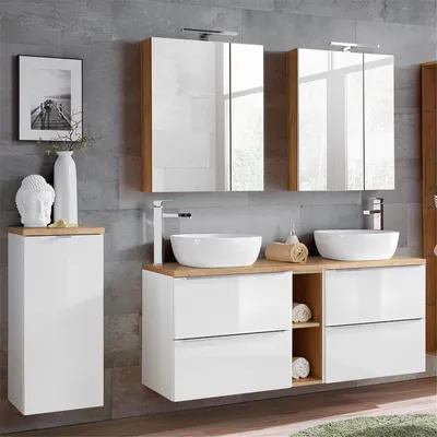 Produktbild von Badmöbel Set mit Doppel-Waschtisch inkl. 2 Keramik-Aufsatzbecken TOSKANA-56 Hochglanz weiß/Wotaneiche BxHxT ca. 195/190/46cm