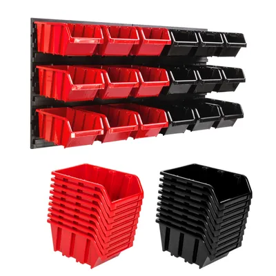 Produktbild von Lagersystem Wandregal 772 x 390 mm | 18 stck. Box | Stapelboxen Schüttenregal Sichtlagerkästen | Extra Starke Wandplatten | Regal Erweiterbar | Werkstattregal Lagerregal Werkstattwandregal Steckregal