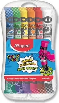 Obrázok produktu pre Maped 810520, Modrá, Hnedá, Zelená, Šedá, Oranžová, Purpurová, Červená, Fialová, Biela, Žltá, Gouache, Tekuté, 12 ml, 12 kusov
