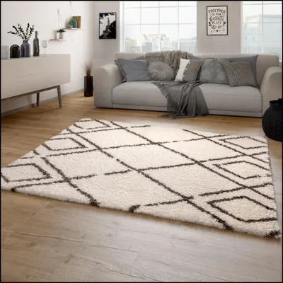 Produktbild von Hochflor Teppich Wohnzimmer Shaggy Langflor Skandinavisches Rauten Muster Modern Grösse 80x150 cm