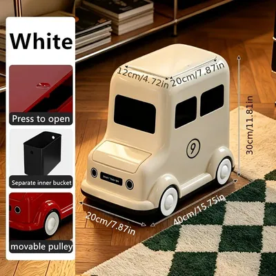 Produktbild von 18L Mülleimer im Auto‑Design, Druckdeckel, herausnehmbarer Inneneimer mit Rollen, Abfalleimer für Wohnzimmer Schlafzimmer,Retro‑Weiß