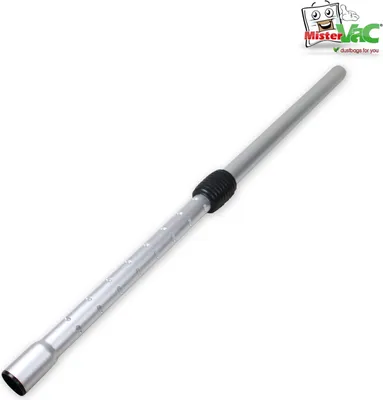 A silver telescopic vacuum cleaner tube with a black grip, set against a white background. A logo for 'MisterVac' is visible in the top right corner.