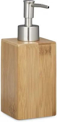 Zdjęcie produktu dla Dozownik do płynów - bambusowy - pojemność 240 ml - jako dozownik do lotionu - pompa dozująca - ręczna - 18x6,5x8 cm - naturalny