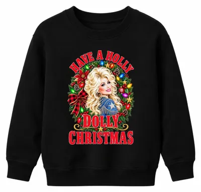 Image de Sweat à capuche "Have A Holly Dolly Christmas" sur le thème de la musique country, avec l'image de Dolly Parton, couleur noire, taille 128