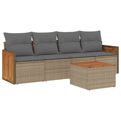 Produktbild von 5-tlg. Garten-Lounge-Set, wetterfestes Poly Rattan, Akazienholz-Tisch, Stauraum, abnehmbare Kissenbezüge, Beige/Hellgrau