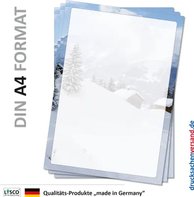 Produktbild von Motivpapier Briefpapier (Winter-5049, DIN A4 100 Blatt) tief verschneite Winterlandschaft im Gebirge mit Almhütte und schneebedeckten Bäumen