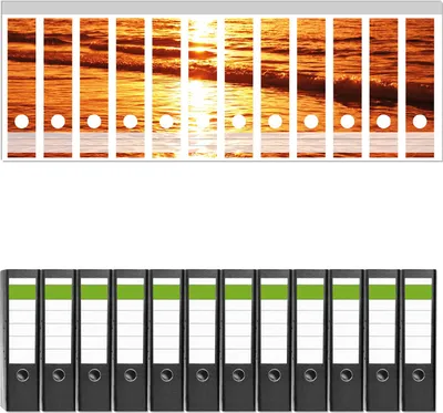 Produktbild von Wallario 12 Stück breite Ordner inkl. Klebeetiketten mit Motive Farbenfroher Sonnenuntergang über dem Meer II -  Set mit Rückenschildern / Ordnerrücken Stickern