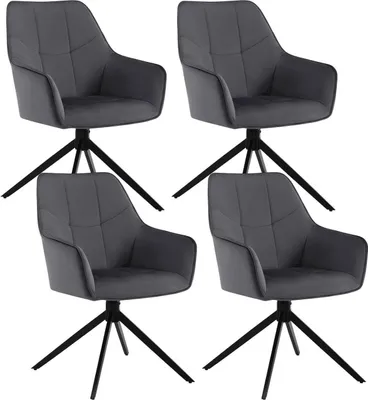 Four dark gray upholstered swivel chairs are arranged in a grid formation against a white background.
