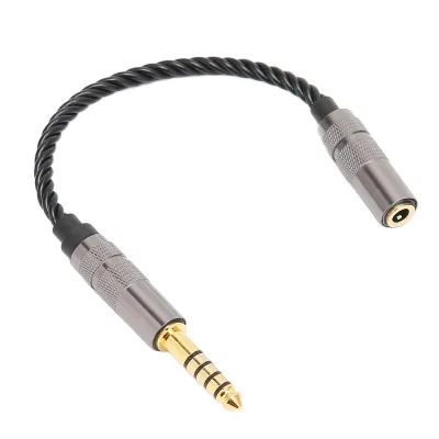 A close-up studio shot of an audio adapter cable against a white background.
