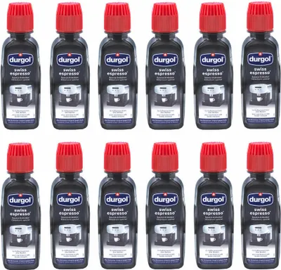 A grid of Durgol Swiss Espresso descaler bottles.