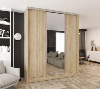 Produktbild von Schwebetürenschrank 3-türig 180x250x58 cm Eiche Sonoma mit 1 Spiegel und 2 Schubladen – Moderner Kleiderschrank für Schlafzimmer und Flur
