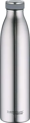 A silver stainless steel thermos bottle with a gray lid.