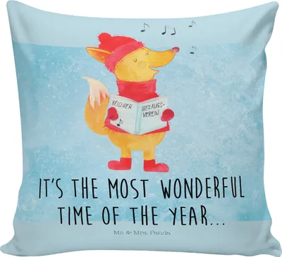 Produktbild von Mr. & Mrs. Panda Couchkissen Fuchs Sänger - Eisblau - Geschenk, kissen für sofa, Weihnachtslieder, Singen, Weihnachten, Winter, 40x40, Dekokissen, Polster, Deko