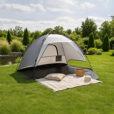 Zdjęcie produktu dla Namiot plażowy 'Mullsjö' 215 x 135 x 140 cm Pop Up dla 2 osób Półotwarty automatyczny namiot kempingowy wodoodporny ciemnoszary / jasnoszary