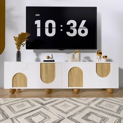 Immagine prodotto di Mobile TV Merax con 4 ante e spazio di archiviazione, mobile TV basso dal design minimalista in bianco e legno, mobile TV con venature del legno vintage
