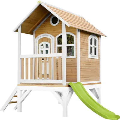 Produktbild von AXI Spielhaus Tom mit hellgrüner Rutsche | Stelzenhaus in Braun & Weiß aus Holz für Kinder | Spielturm für den Garten