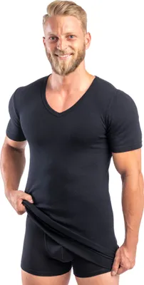 Extralanges Herren kurzarm Shirt +6cm V-Neck mit Bund als Abschluss schwarz