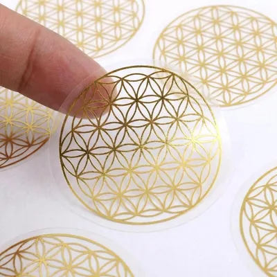 Produktbild von Blume des Lebens Aufkleber 5 cm, 120 Stück, transparent mit Goldfolie, für Yoga
